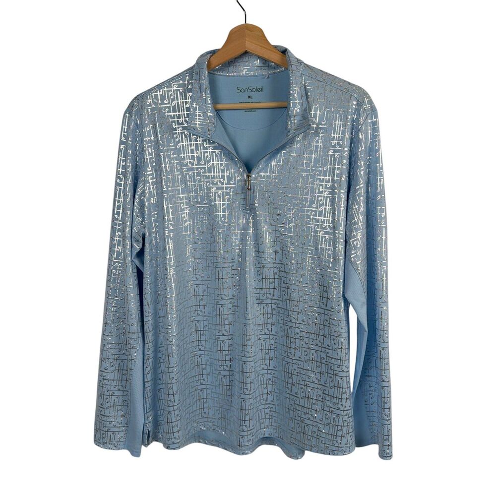 San Soleil Top Women XL Blue Silver Metallic Golf 1/4 Zip UPF 50 Cooling Shirt
